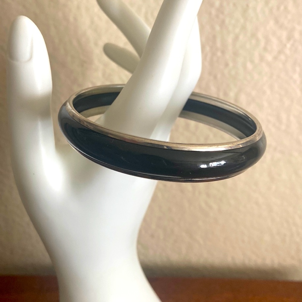 Vintage 90s Silver Toned Metal & Black Enamel Bangle